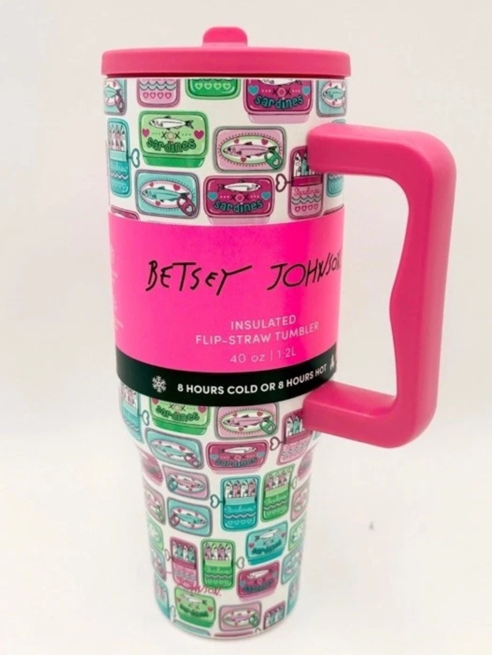 Betsey Johnson 40oz Insulated Flip Straw Tumbler Sardine Tins Print NWT Kitschy